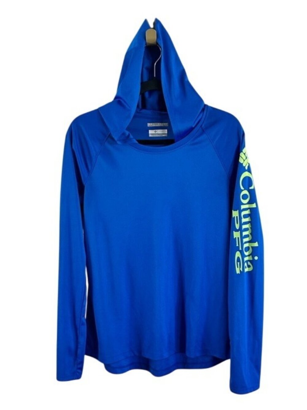 Columbia Blue Hooded PFG Long Sleeve Shirt with Lime Logo Women’s Sz Med Outdoor